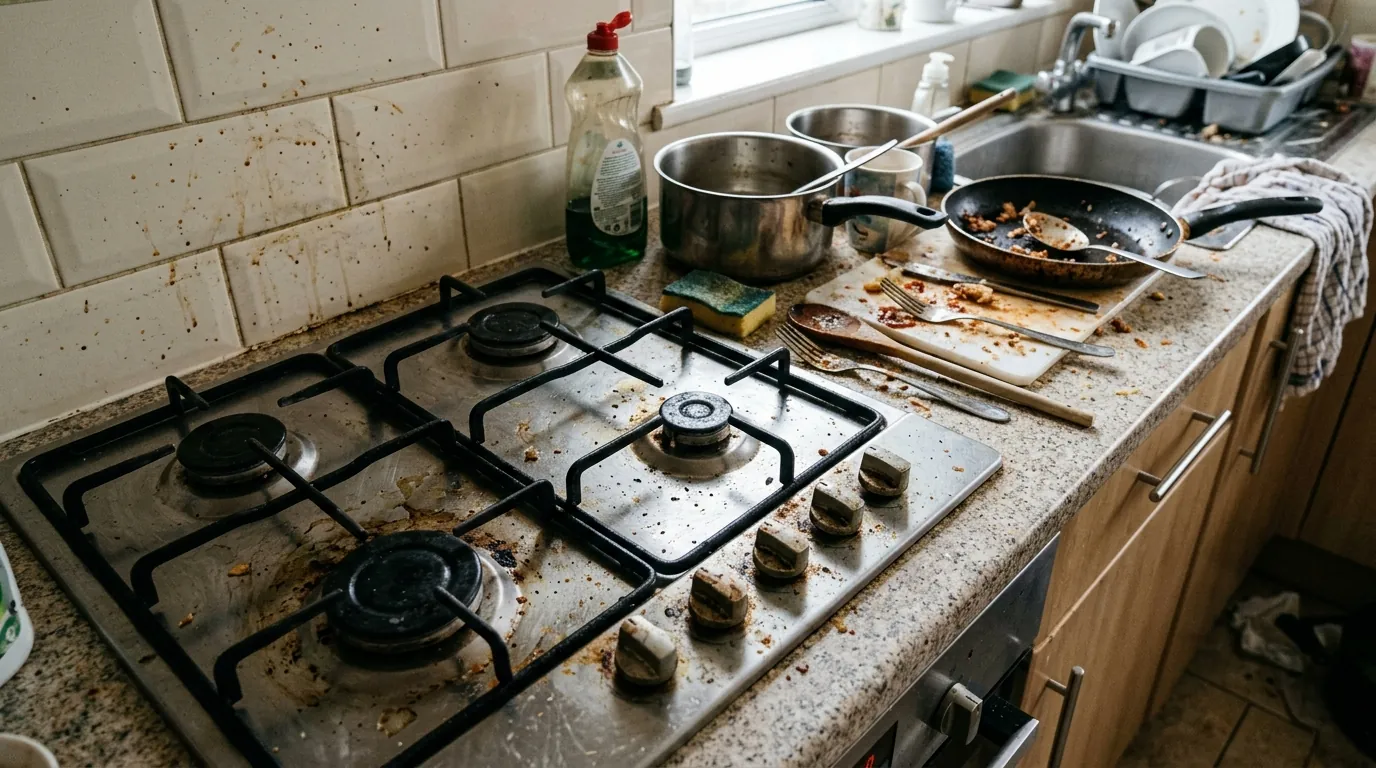 Dirty kitchen counter before deep clean