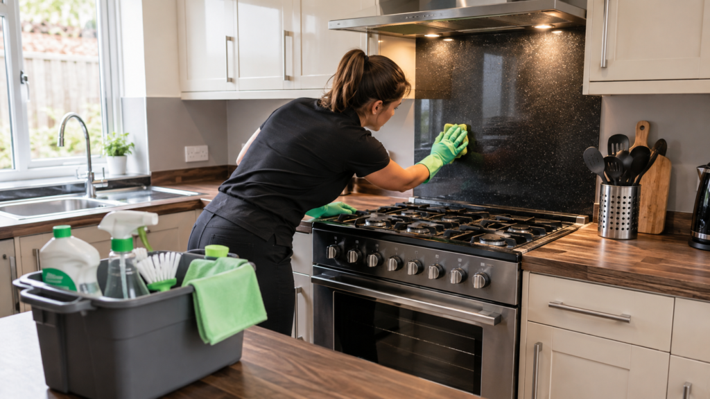Professional cleaner deep cleaning a kitchen in Walsall